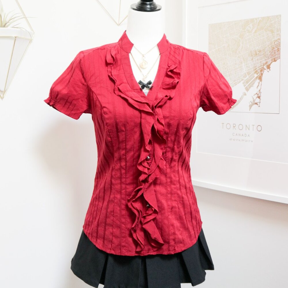 Express Red Ruffle Front Short Sleeve Blouse
